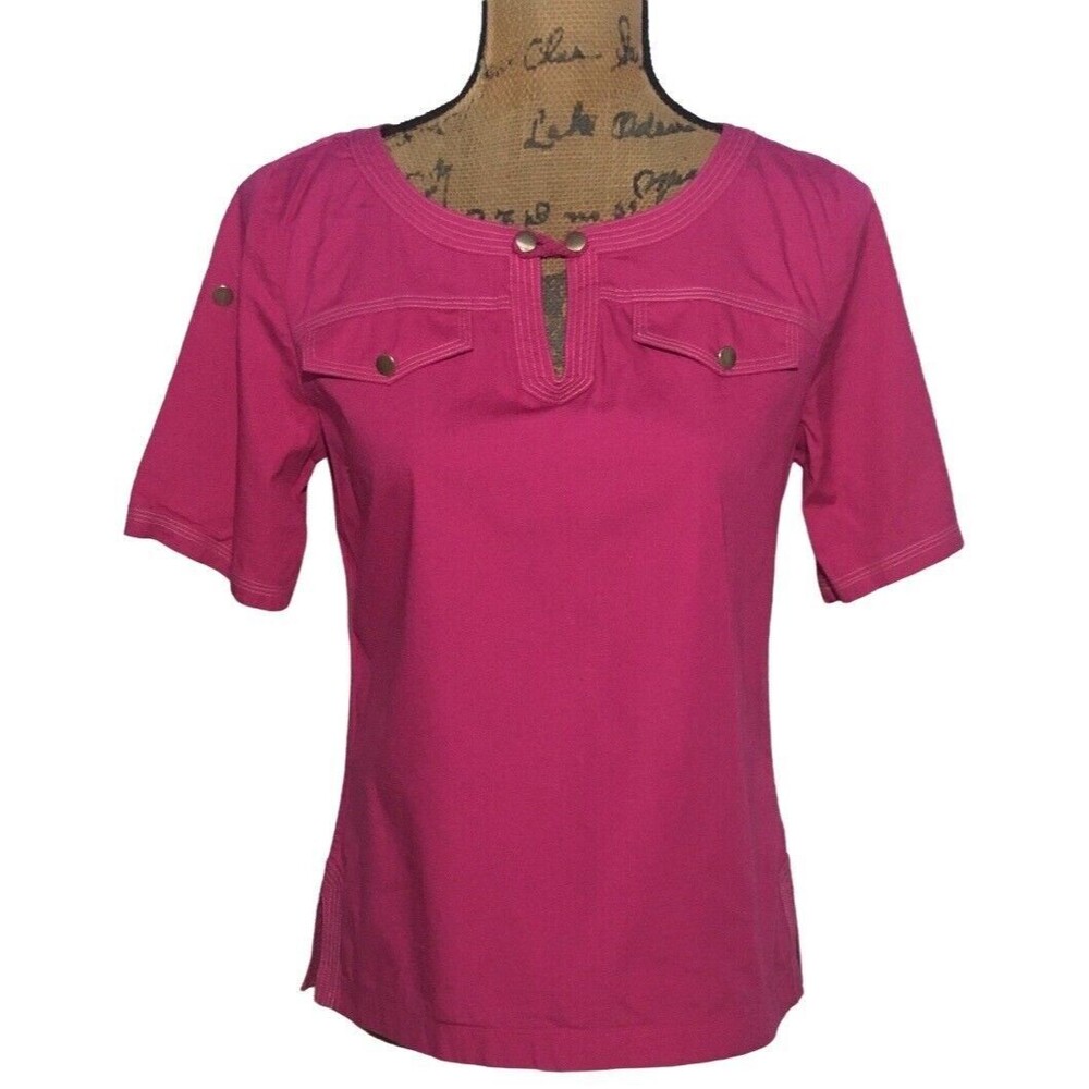 Talbots Top 2 Pink Faux Pockets‎ Slit Seam Sides Gold Buttons Short Sl V Neck
